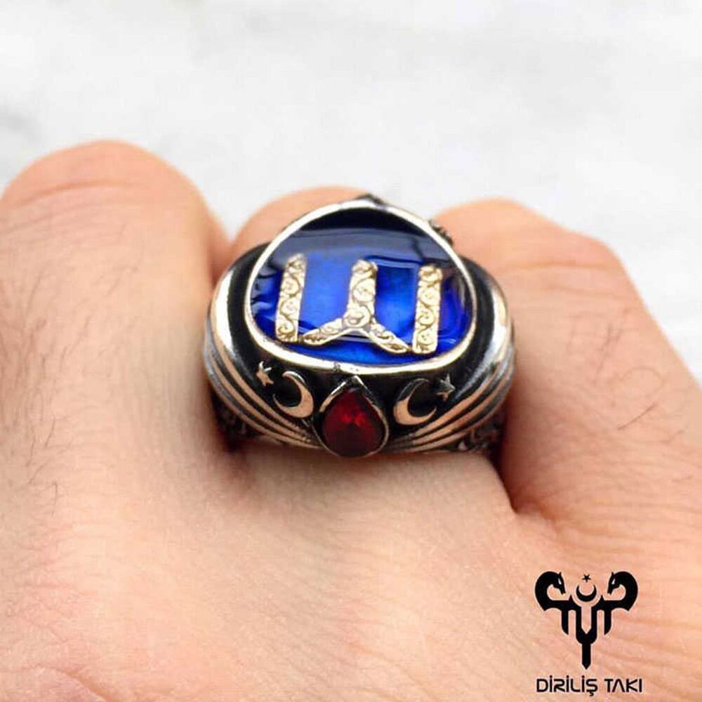 Men's silver ring with red stone engraved with star and moon and the symbol of the Kai tribe - 1