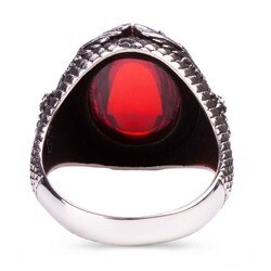 Men's silver ring with red stone with eagle engraving - 3