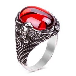 Men's silver ring with red stone with eagle engraving - 1