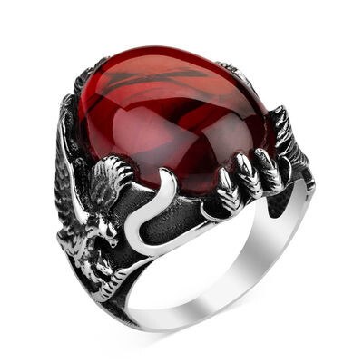 Anı Yüzük - Men's silver ring with red zircon stone with eagle symbol engraving
