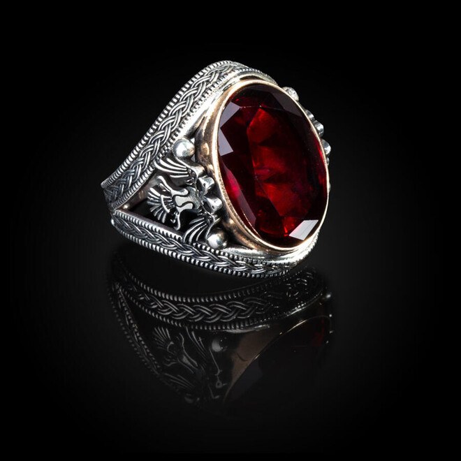 Men's silver ring with red zircon stone with two-headed Seljuk eagle engraving - 4