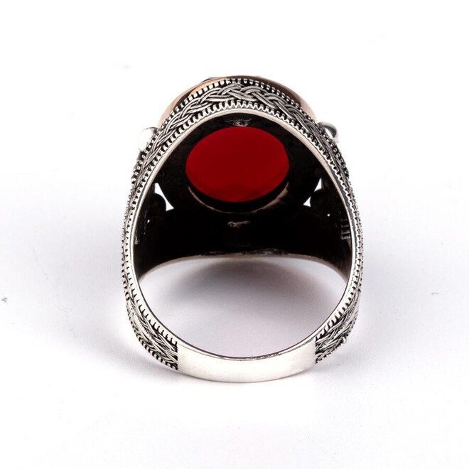 Men's silver ring with red zircon stone with two-headed Seljuk eagle engraving - 5