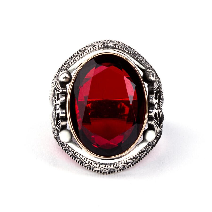 Men's silver ring with red zircon stone with two-headed Seljuk eagle engraving - 6