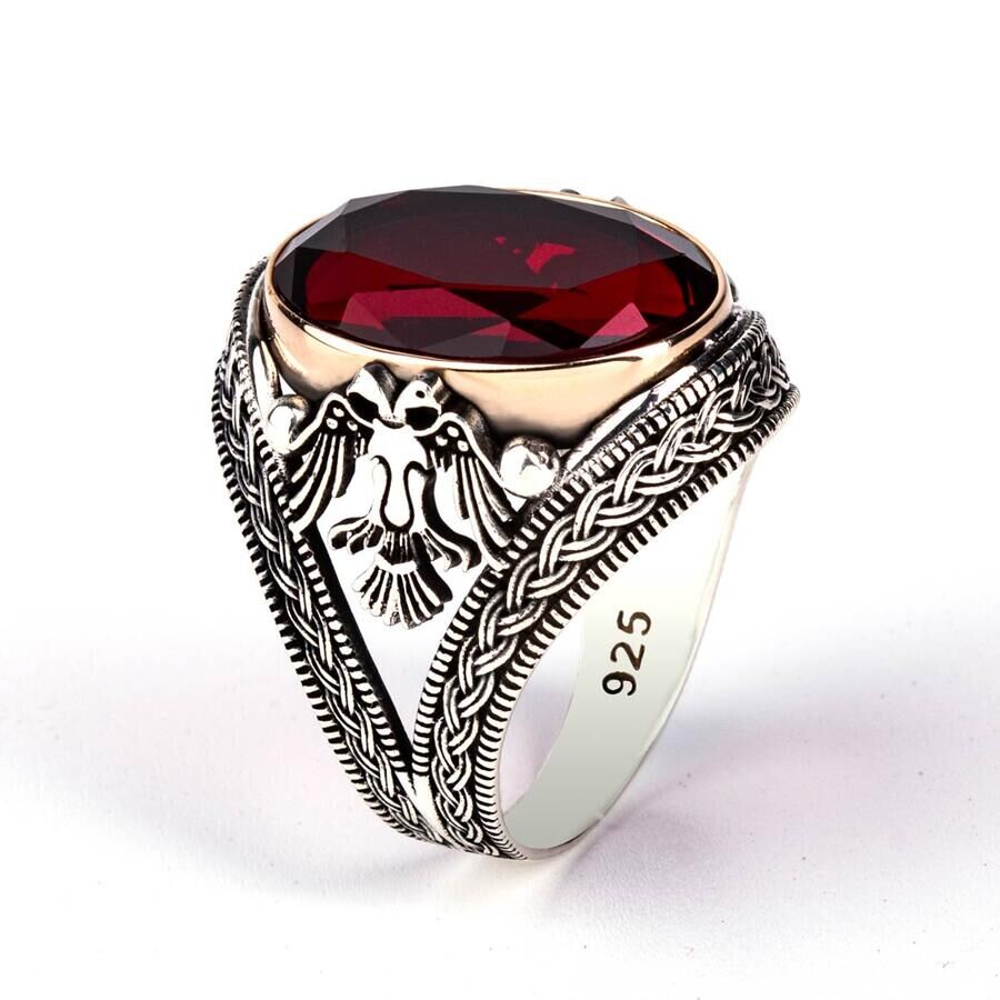 Men's silver ring with red zircon stone with two-headed Seljuk eagle engraving - 1