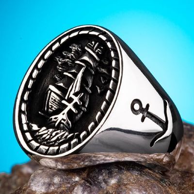 Men's silver ring with sailboat engraving and anchor symbol - 2