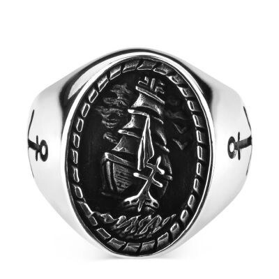 Men's silver ring with sailboat engraving and anchor symbol - 1