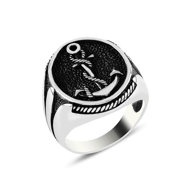Men's silver ring with sea anchor engraving - 1