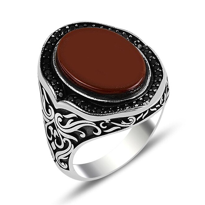 Men's silver ring with Seljuk agate stone - 1