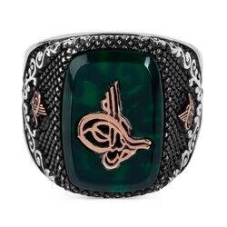 Men's silver ring with square green agate stone with Ottoman engraving - 3
