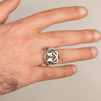 Men's silver ring with the engraving of Sultan Abdul Hamid with the hoopoe symbol in bronze and silver - 3