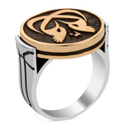 Men's silver ring with the engraving of Sultan Abdul Hamid with the hoopoe symbol in bronze and silver - 1