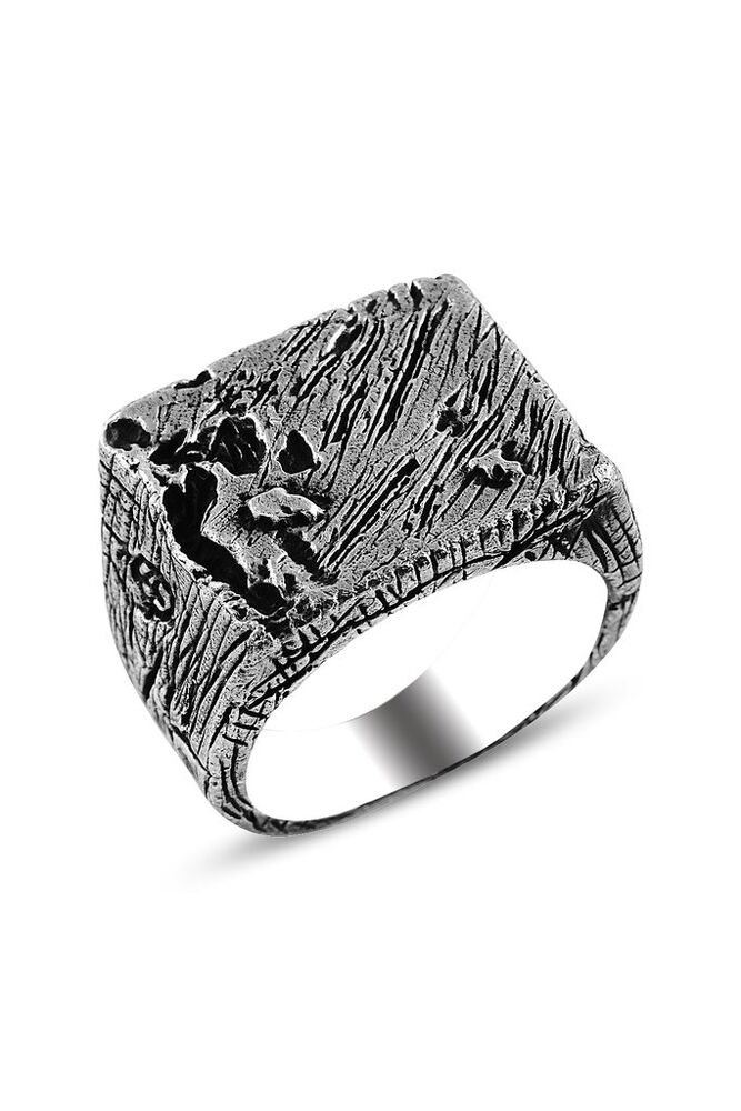 Men's silver ring with tree bark design - 1