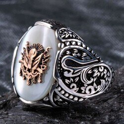 Men's silver ring with white mother-of-pearl stone with Ottoman coat of arms - 3