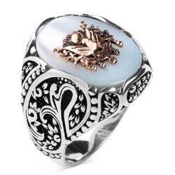Men's silver ring with white mother-of-pearl stone with Ottoman coat of arms - 1