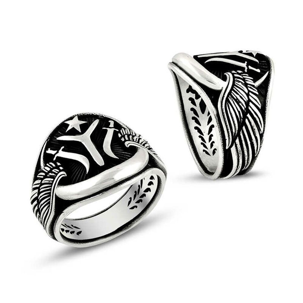 Mens silver ring with wing star with kai symbol engraving - 1