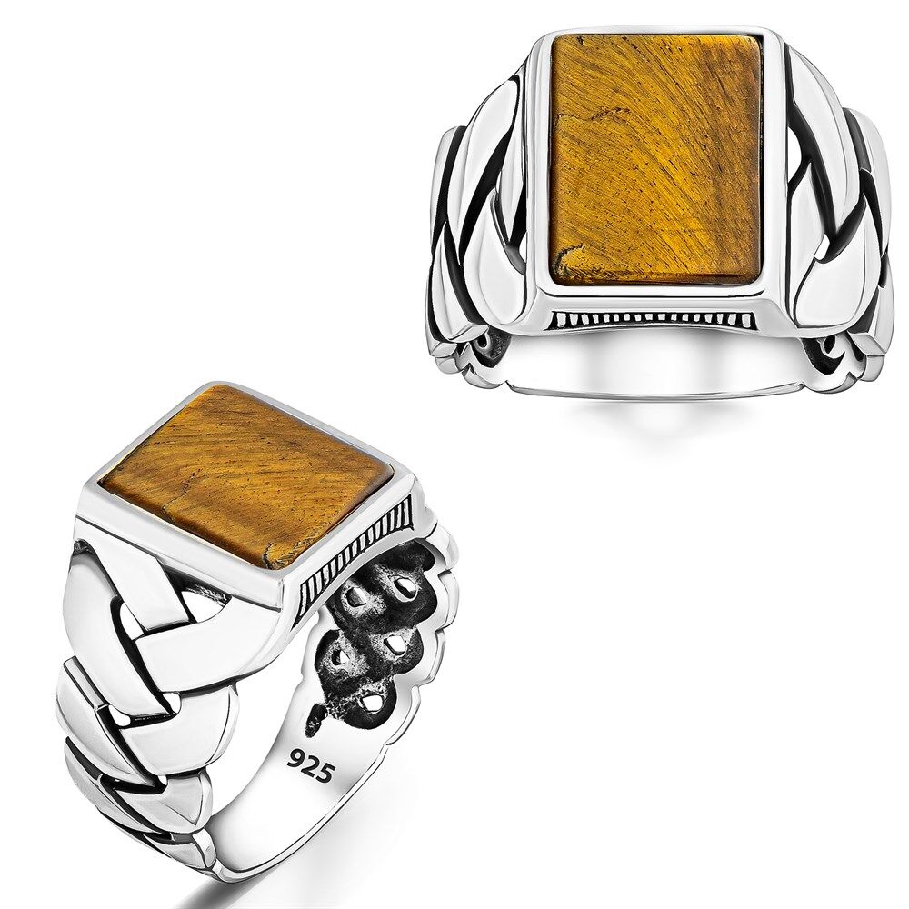 Men's silver ring with woven tiger eye stone - 1