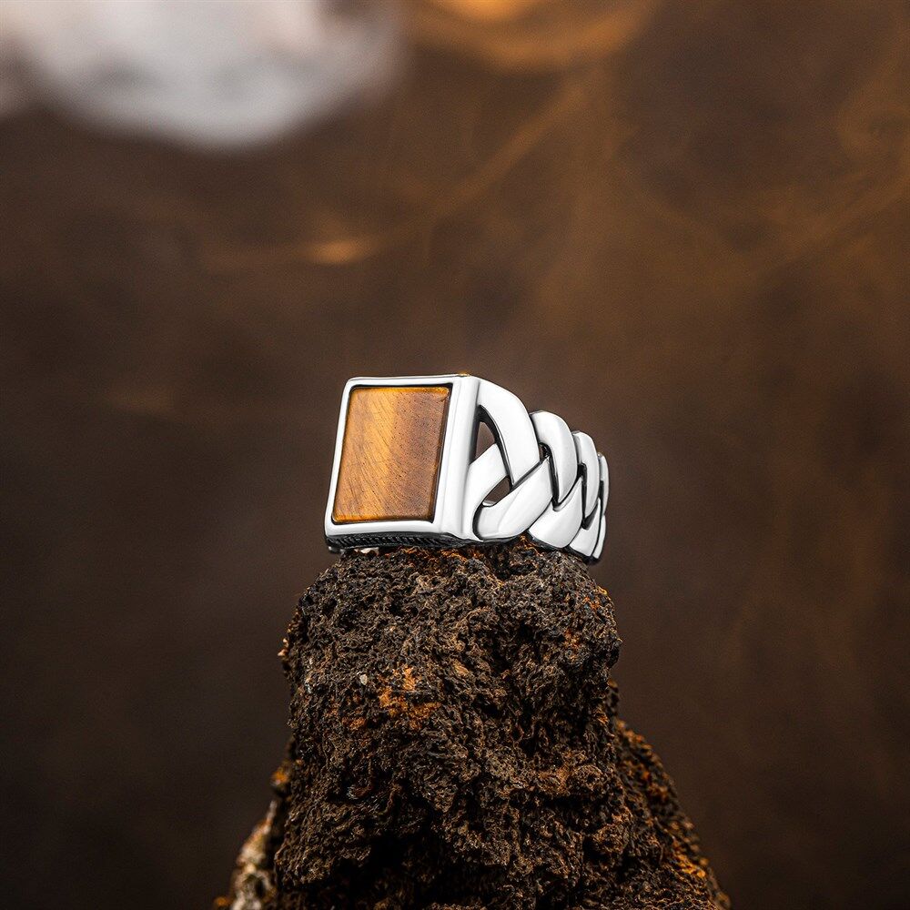 Men's silver ring with woven tiger eye stone - 2