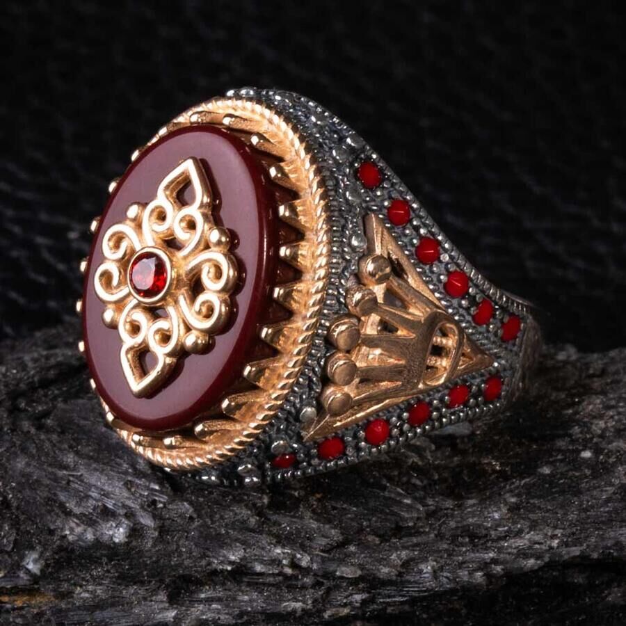 Men's silver ring with zircon stone and agate, engraved with the king's crown - 2