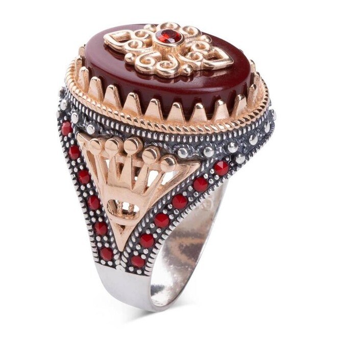 Men's silver ring with zircon stone and agate, engraved with the king's crown - 1