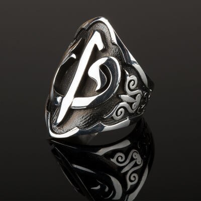 Men's silver thumb ring with the letters Alif and Waw engraving - 2