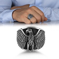 Men's sterling silver angry eagle engraving ring - 2