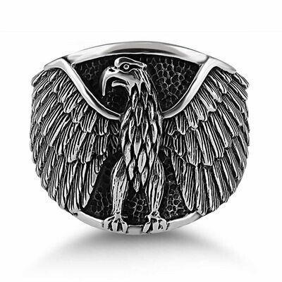 Men's sterling silver angry eagle engraving ring - 1
