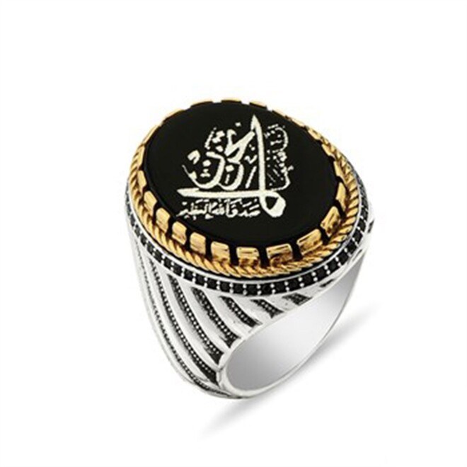 Men's sterling silver ring, a black agate stone, that says (Don't be sad Allah is always with us) - 1