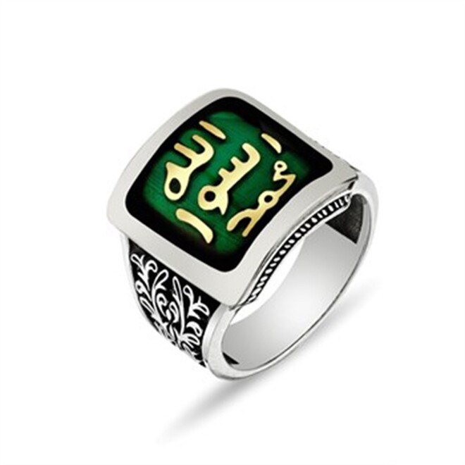 Men's sterling silver ring covered with enamel, engraved with the Holy Seal, green color - 1