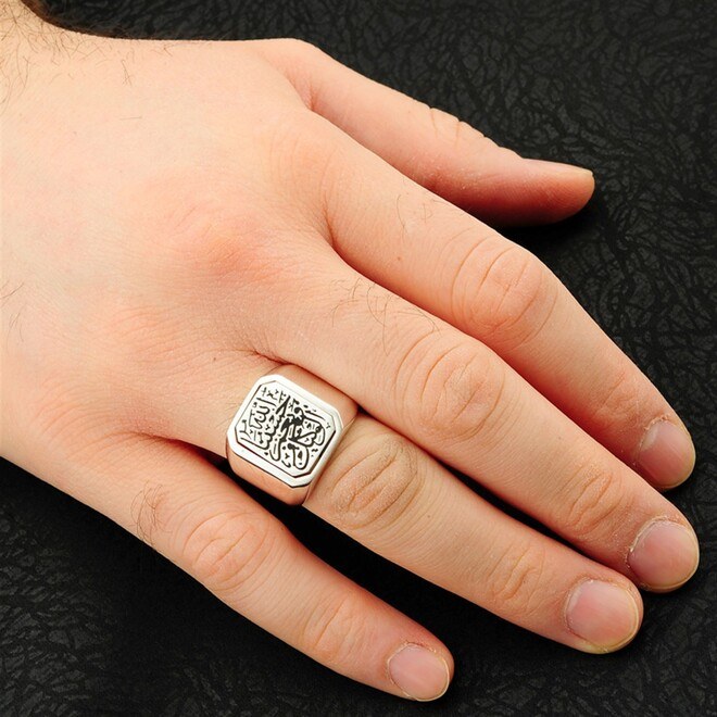 Men's sterling silver ring engraved on both sides (There is no victor but God) and (Blessing of the Wakeel) - 2
