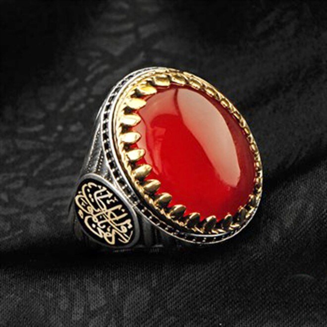Men's sterling silver ring made of red agate with the inscription (Death is enough for a preacher) - 1