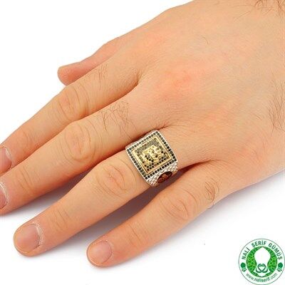 Men's sterling silver ring with agate stone engraved with the Holy Seal, golden color - 2