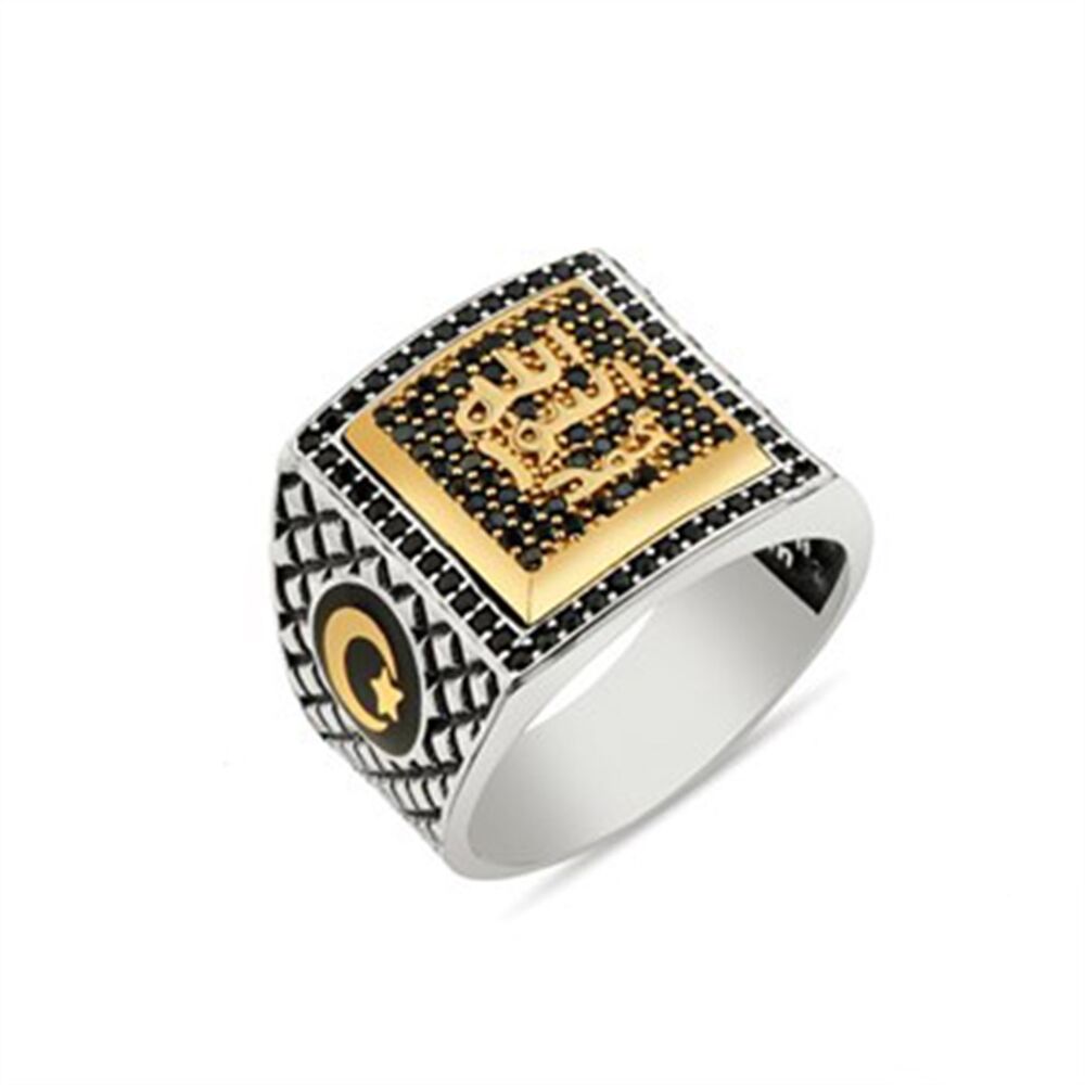 Men's sterling silver ring with agate stone engraved with the Holy Seal, golden color - 1