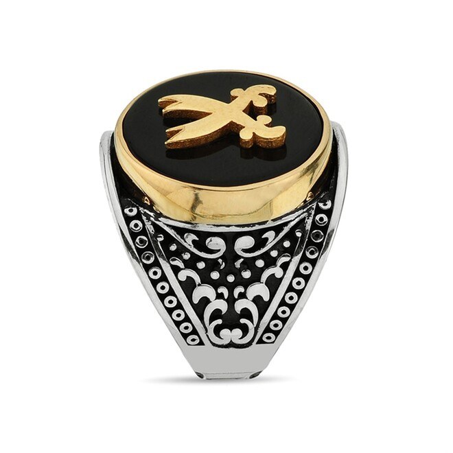 Men's sterling silver ring with black agate stone inlaid with Zulfiqar sword - 3