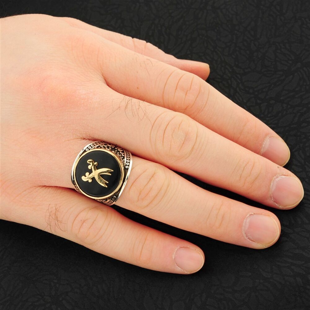Men's sterling silver ring with black agate stone inlaid with Zulfiqar sword - 4