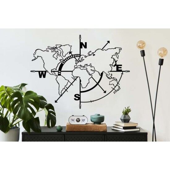 Metal mural plate with world map design with directional lines - 1