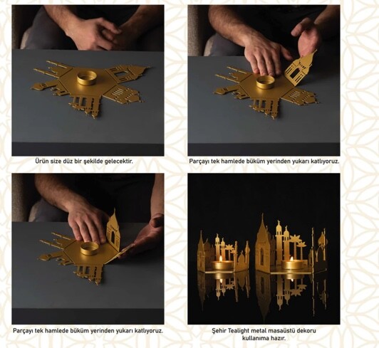 Mosque-shaped metal candle holder set of 2 pieces - gold - 3