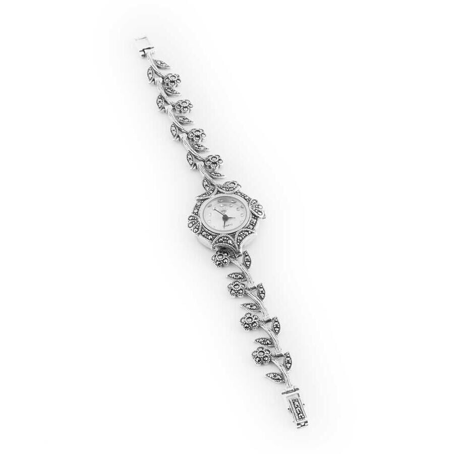 Nature: Glowing Flower Detailed Marcasite Stone Silver Watch - 2