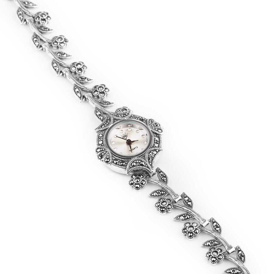 Nature: Glowing Flower Detailed Marcasite Stone Silver Watch - 1