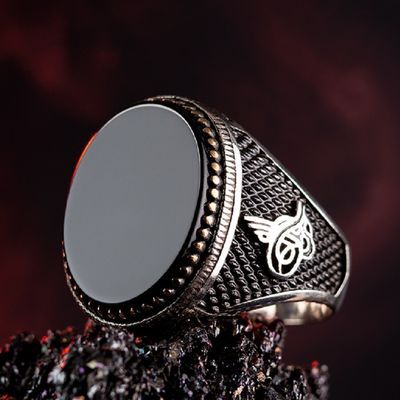 Oval Black Onyx Stone Monogram Silver Men Ring - 2