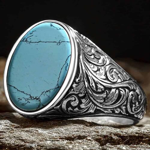 Sterling men's Silver Ring with Oval Turquoise Stone and embossed lines - 1