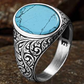 Sterling men's Silver Ring with Oval Turquoise Stone and embossed lines - 2