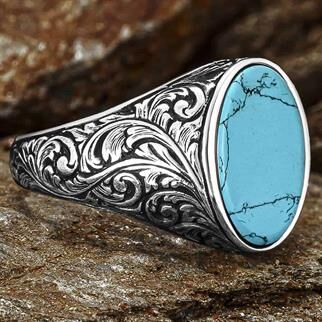 Sterling men's Silver Ring with Oval Turquoise Stone and embossed lines - 3