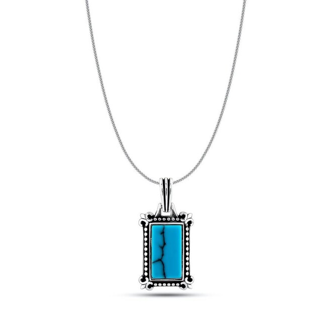 Rectangle Turquoise Turquoise Stone Silver Men's Necklace With Thin Chain - 1