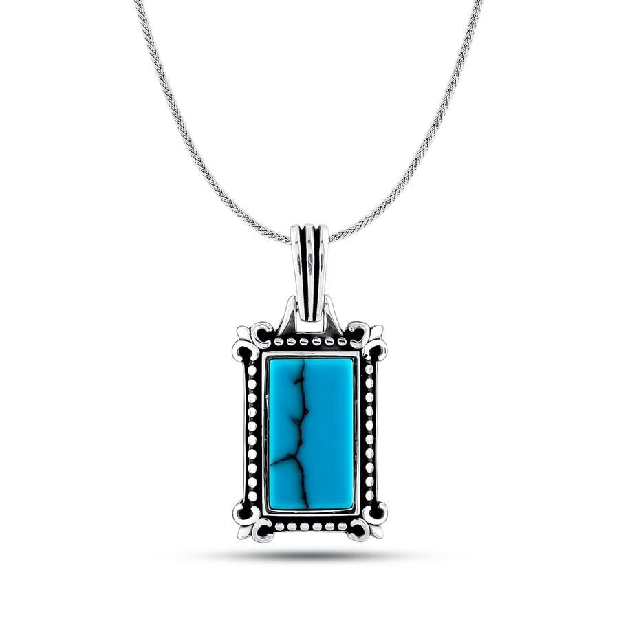 Rectangle Turquoise Turquoise Stone Silver Men's Necklace With Thin Chain - 2