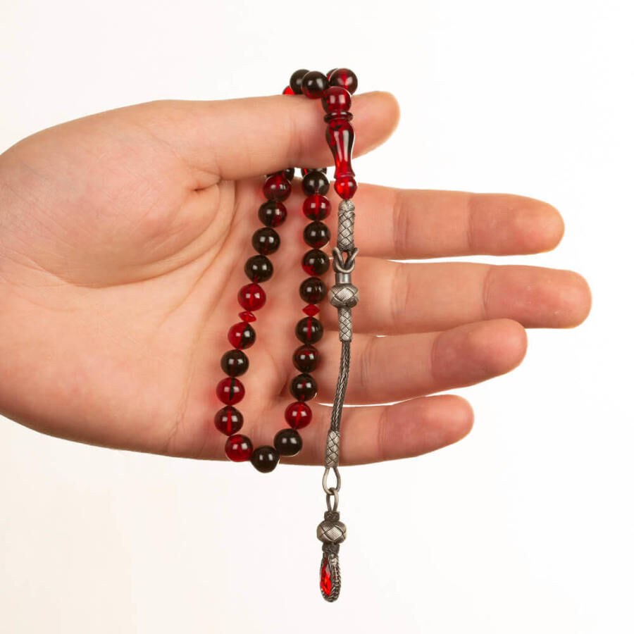 Red Amber Pressed Rosary With a Tassel Having a Glass Piece - 3