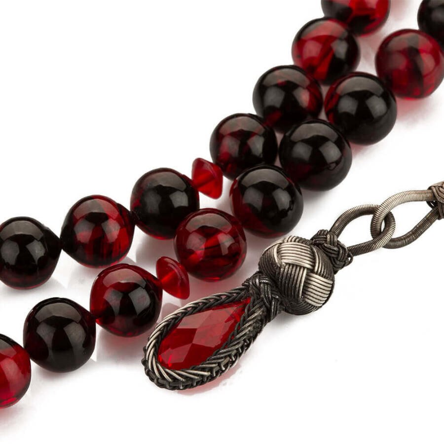 Red Amber Pressed Rosary With a Tassel Having a Glass Piece - 2