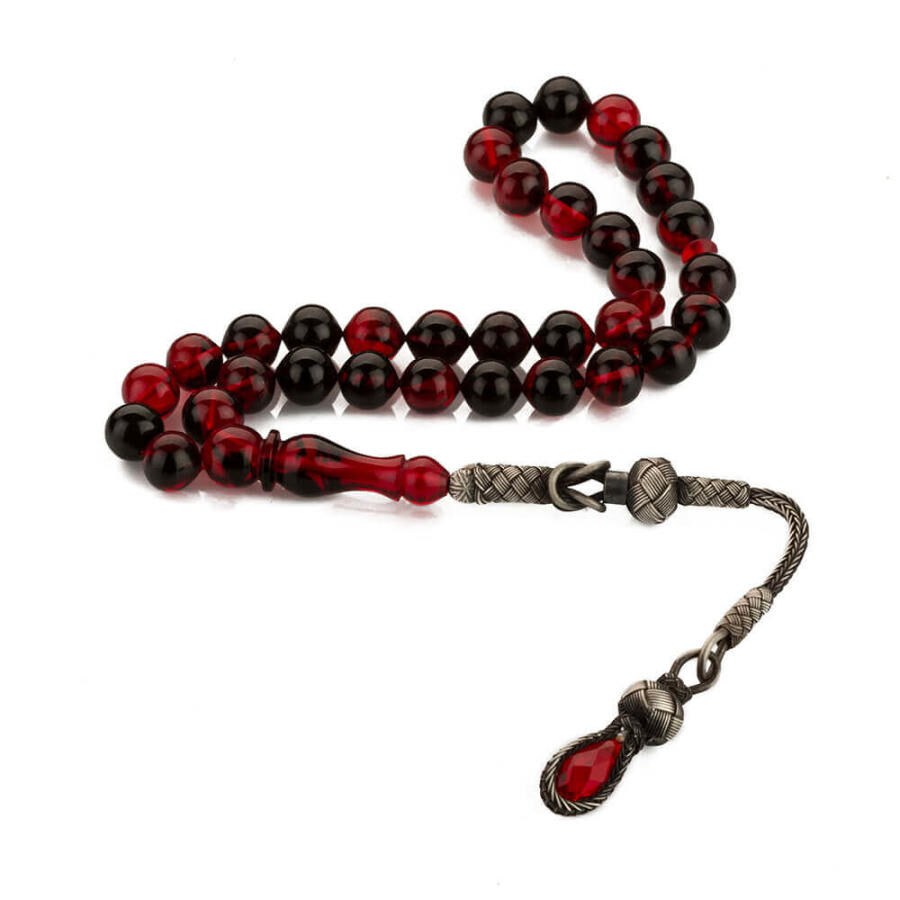 Red Amber Pressed Rosary With a Tassel Having a Glass Piece - 1
