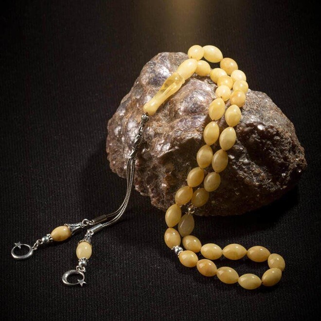 Rosary made of amber drops with a moon star symbol decorated tassel - 3