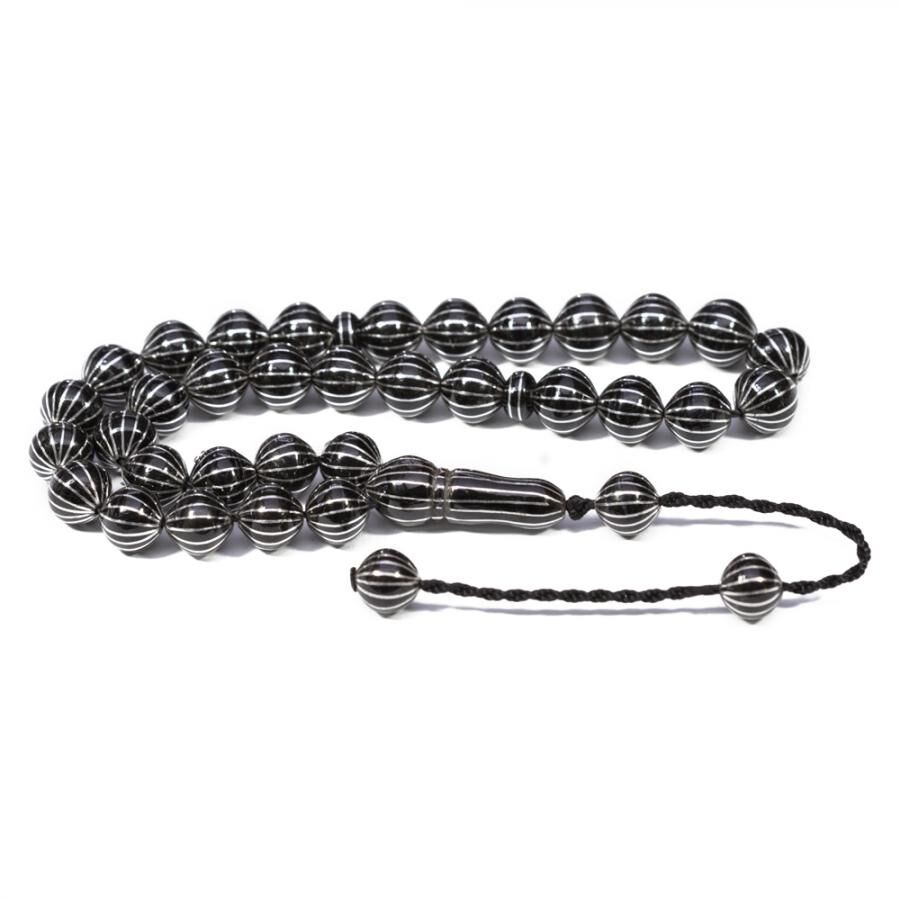 Rosary made of Erzurum lignite stone engraved with silver lines - 1
