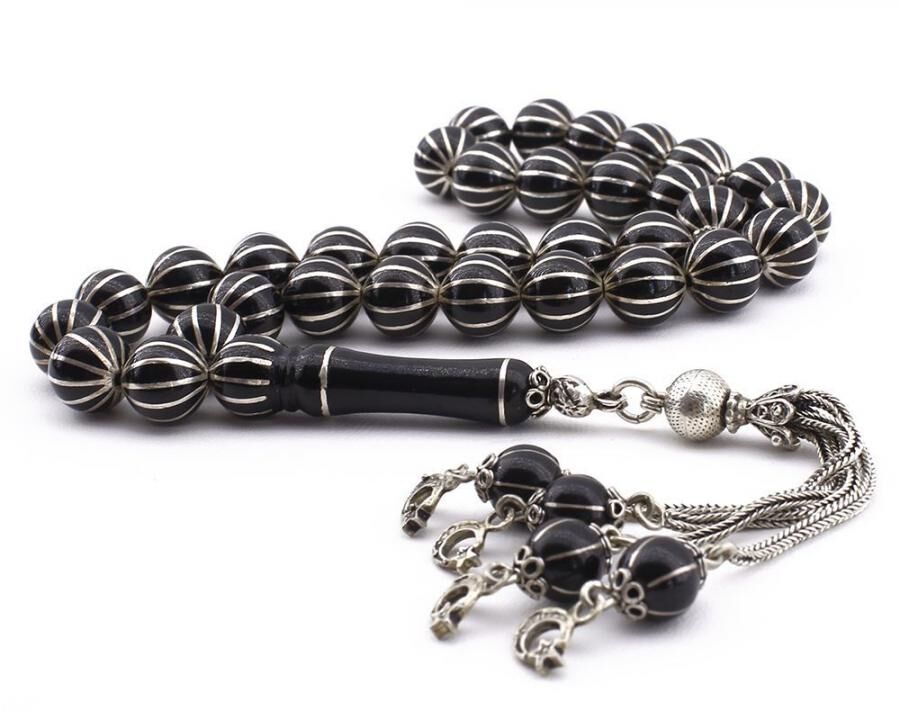 Rosary made of Erzurum lignite stone incised using sterling silver - 1